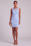 Blue Appliqued Floral Round Neck Short Wedding Guest Dress