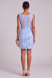 Blue Appliqued Floral Round Neck Short Wedding Guest Dress