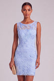 Blue Appliqued Floral Round Neck Short Wedding Guest Dress