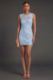 Blue Appliqued Floral Round Neck Short Wedding Guest Dress
