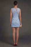 Blue Appliqued Floral Round Neck Short Wedding Guest Dress