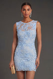 Blue Appliqued Floral Round Neck Short Wedding Guest Dress