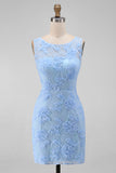 Blue Appliqued Floral Round Neck Short Wedding Guest Dress