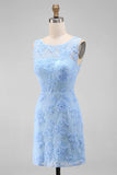 Blue Appliqued Floral Round Neck Short Wedding Guest Dress
