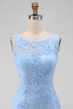 Blue Appliqued Floral Round Neck Short Wedding Guest Dress