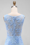 Blue Appliqued Floral Round Neck Short Wedding Guest Dress