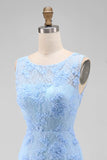 Blue Appliqued Floral Round Neck Short Wedding Guest Dress
