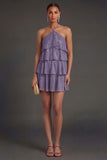 Purple Ruffled Tiered Halter Neck Short Summer Wedding Guest Dress