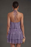 Purple Ruffled Tiered Halter Neck Short Summer Wedding Guest Dress