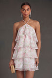 Purple Ruffled Tiered Halter Neck Short Summer Wedding Guest Dress
