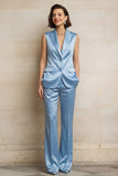 Single Breasted 2 Piece Blue Sleeveless Peak Lapel Women Formal Suits