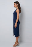 Navy Sheath Round Neck Sleeveless Midi Work Dress with Slit