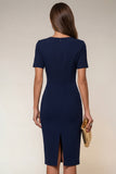 Navy Bodycon V Neck Short Sleeves Midi Work Dress