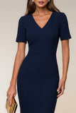 Navy Bodycon V Neck Short Sleeves Midi Work Dress