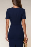 Navy Bodycon V Neck Short Sleeves Midi Work Dress