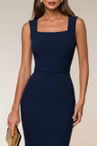 Navy Bodycon Square Neck Sleeveless Midi Work Dress