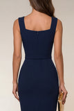 Navy Bodycon Square Neck Sleeveless Midi Work Dress