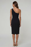 Black Sheath One Shoulder Sleeveless Midi Work Dress with Slit