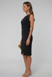 Black Sheath One Shoulder Sleeveless Midi Work Dress with Slit