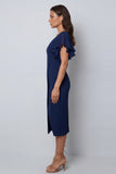 Navy Sheath Ruffled V Neck Midi Work Dress with Slit