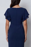 Navy Sheath Ruffled V Neck Midi Work Dress with Slit