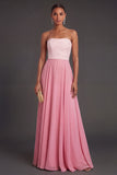 A Line Pink Strapless Ruched Long Formal Dress