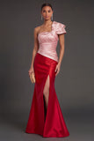 Pink and Red Mermaid Satin Ruched Long Formal Dress with Slit