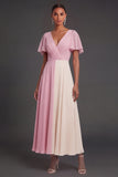 A Line Pink V Neck Short Sleeves Midi Formal Dress