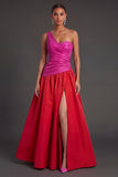 A Line Fuchsia and Red One Shoulder Ruched Long Formal Dress with Slit