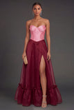 Pink and Burgundy A Line Corset Sweetheart Long Formal Dress with Slit