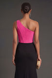 Fuchsia and Black Mermaid One Shoulder Ruched Corset Long Formal Dress with Slit