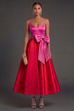Fuchsia and Red A Line Satin Spaghetti Straps Long Formal Dress with Bow
