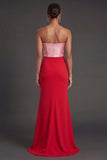 Pink and Red Mermaid Ruched Strapless Long Formal Dress with Slit