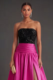 Sparkly Beaded Fuchsia and Black A Line Strapless Long Formal Dress with Slit