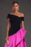 Fuchsia and Black A Line Ruffled One Shoulder High Low Formal Dress