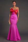 Fuchsia and Red Mermaid Satin Strapless Backless Long Formal Dress with Bow