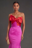 Fuchsia and Red Mermaid Satin Strapless Backless Long Formal Dress with Bow