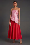 Pink and Red A Line Satin Ruched Strapless Long Formal Dress