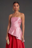 Pink and Red A Line Satin Ruched Strapless Long Formal Dress