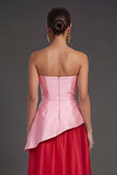 Pink and Red A Line Satin Ruched Strapless Long Formal Dress