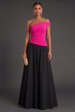 Fuchsia and Black A Line Ruched One Shoulder Long Formal Dress