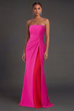 Fuchsia and Red Mermaid Ruched Strapless Backless Long Formal Dress with Slit