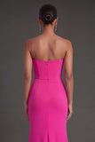 Fuchsia and Red Mermaid Ruched Strapless Backless Long Formal Dress with Slit