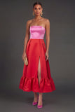 Pink and Red A Line Satin Strapless Ruffled Long Formal Dress with Slit
