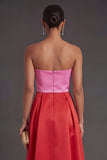 Pink and Red A Line Satin Strapless Ruffled Long Formal Dress with Slit