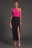Fuchsia and Black Mermaid Ruched One Shoulder Long Formal Dress with Slit
