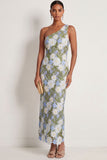 One Shoulder Floral Green Sheath Appliqued Long Formal Dress