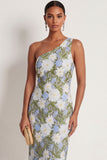 One Shoulder Floral Green Sheath Appliqued Long Formal Dress