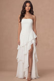 Ivory A Line Strapless Ruffled Long Engagement Dress with Slit