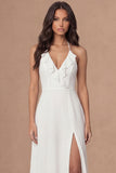 Sheath Ivory Halter Neck Long Bridal Shower Dress with Slit